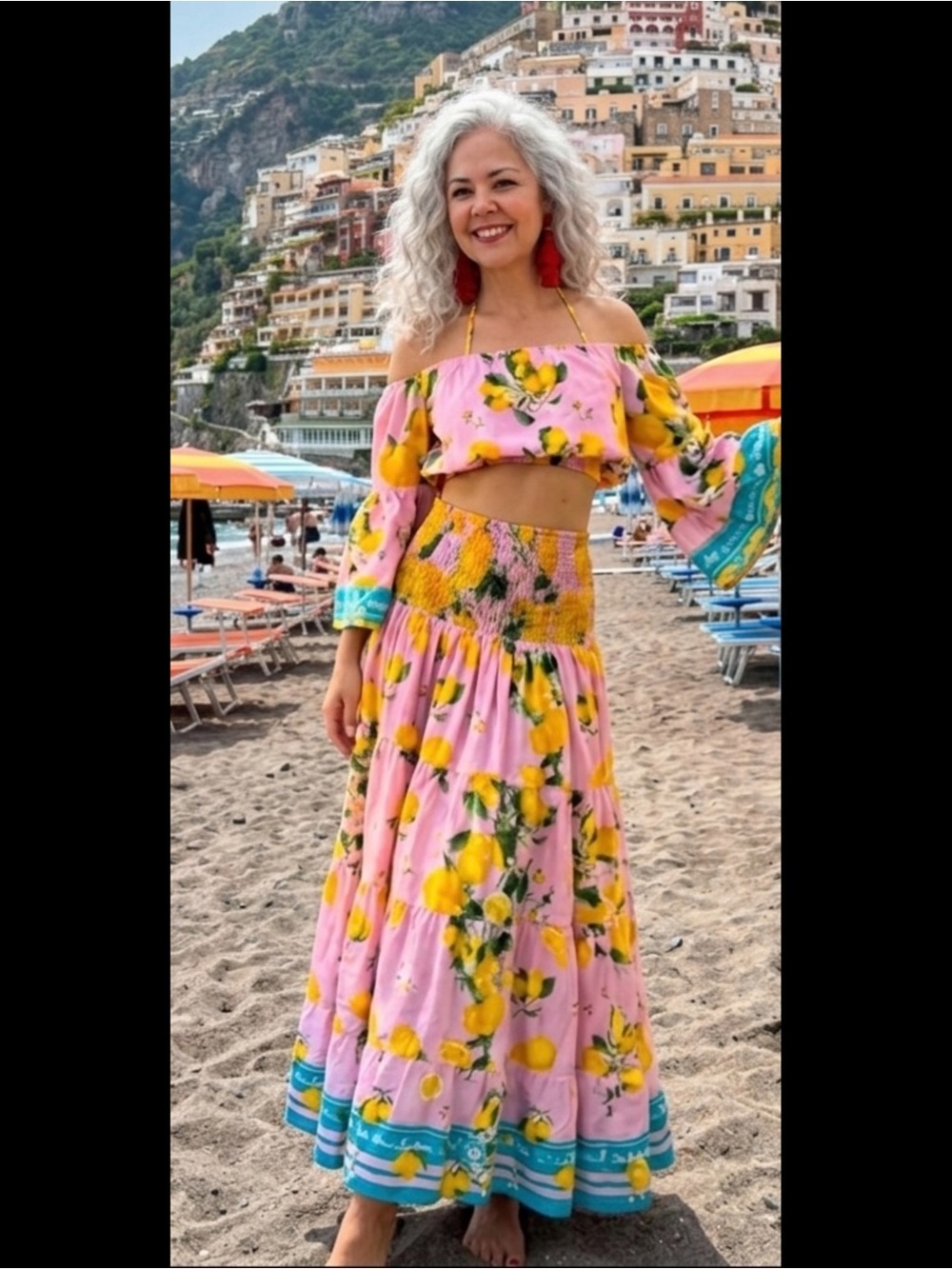 Antica Sartoria 2026 Vibrant Pink Lemon Print Off-Shoulder Two-Piece Set O/S